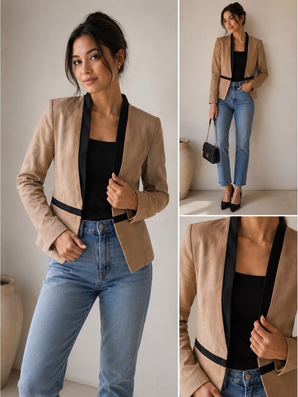 Mango MNG Women's Suit Jacket Blazer Tan And Black Cotton Linen Size S